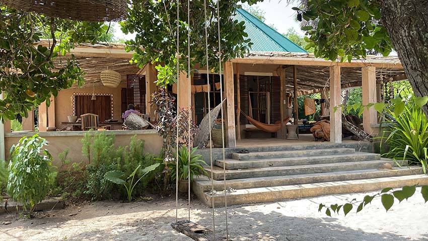 Main house, terrace and garden of made with natural materials in Kwa Simba accommodation in Pangani, Tanzania Africa.